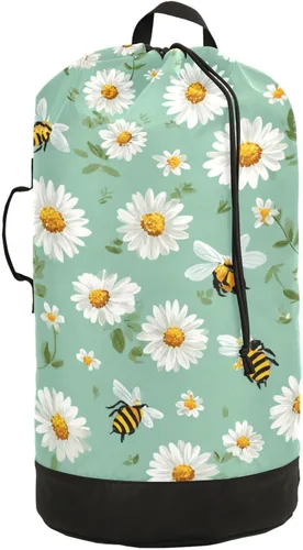 Miniatura 43 de Mochila de lavandería con hojas de estilo bohemio beige con correas ajustables para el hombro, bolsa de lavandería sucia para viajes, campamento