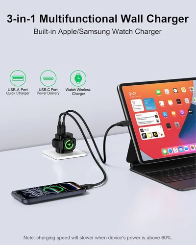 Miniatura 3 de Cargador Samsung Galaxy Watch8, cubo de carga inalámbrico 3 en 1 para Galaxy Watch Ultra 8 Classic 7 6 5, doble puerto USB C + USB A cargador rápido