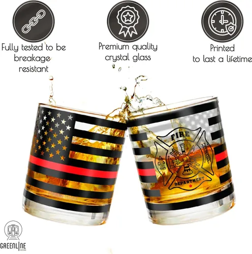 Miniatura 3 de Greenline Goods Thin Red Line - Vasos de whisky de bombero, estilo antiguo, juego de 2, 10 onzas, vasos clásicos de vidrio con gráficos de bandera