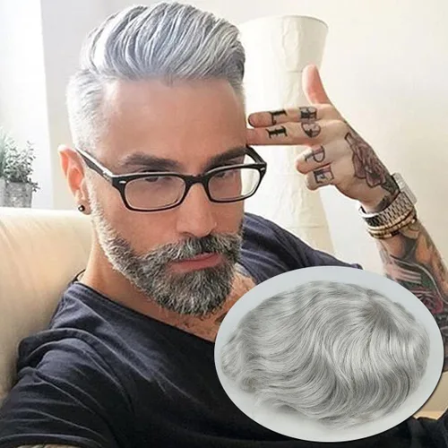 Miniatura 13 de HAPPY&CC Toupee - Piezas de cabello para hombre, sistema europeo de reemplazo de cabello humano de 10 x 8, base mono soldada fina con NPU alrededor