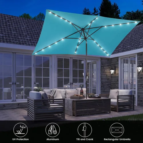 Miniatura 2 de MONDAWE Paraguas rectangular de mercado con luces LED solares de 10 x 6.5 pies para exteriores, sombrilla de patio con manivela, sombrilla de mesa