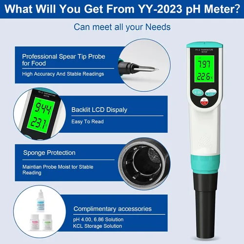 Miniatura 2 de Medidor de pH de alimentos, probador digital de pH impermeable con sonda de pH/temperatura de alta precisión, ideal para masa madre, queso, muestras
