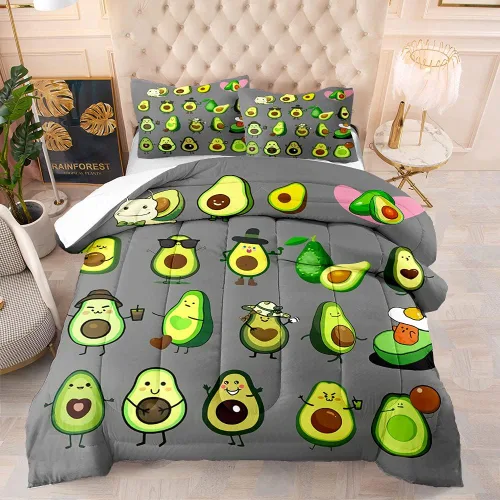 Suncloris Bonito juego de edredón de aguacate de dibujos animados, varias formas de encantador patrón de aguacates para niños y adultos, edredón de