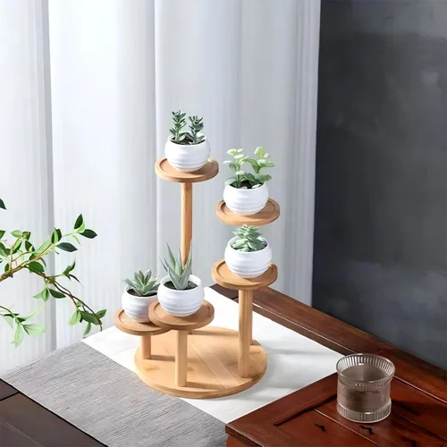Miniatura 2 de Soporte de escritorio de 5 niveles para plantas, estante redondo de bambú para plantas, soporte de mesa para suculentas y hierbas, soporte