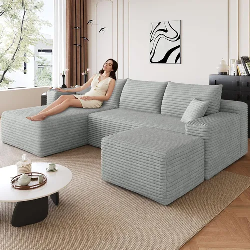 Miniatura 79 de Sofá modular de 95 pulgadas con otomana, moderno sofá nube de pana con asiento profundo, sofá sin hueso tapizado de 3 plazas en forma de U para sala