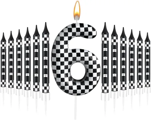 Miniatura 19 de 13 piezas de velas temáticas de coches de carreras para cumpleaños en negro y blanco con número de carrera 1 a cuadros, velas para tarta de coche