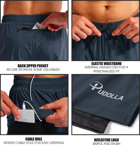 Miniatura 5 de Pudolla Mens 2 in 1 Running Shorts 7" Quick Dry Gym Athletic Workout Shorts for Men with Phone Pockets