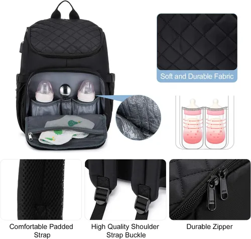 Miniatura 6 de LOVEVOOK Mochila para Pañales de Gran Capacidad con Cambiador Portátil, Mochila de Viaje Multifunción para Bebé Negro-1