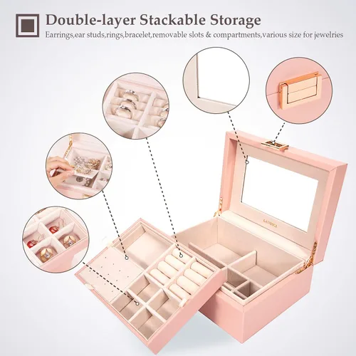 Miniatura 3 de LANDICI Organizador de joyas para mujeres y adolescentes, estuche grande de almacenamiento de joyas con espejo y bandeja extraíble de 2 capas