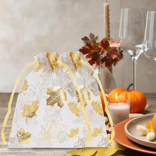 Miniatura 7 de Whaline 100 bolsas de organza de otoño con cordón de hojas de arce doradas, bolsas de regalo de joyería de Acción de Gracias, bolsa de regalo