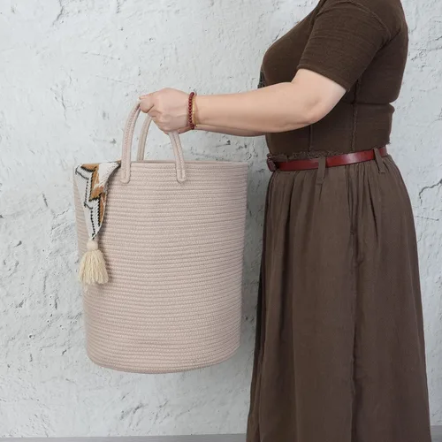 Miniatura 3 de XUANGUO - Cesta de lavandería de cuerda de algodón, cesta tejida de almacenamiento para ropa, cesta de mimbre para sala de estar, dormitorio, cesta