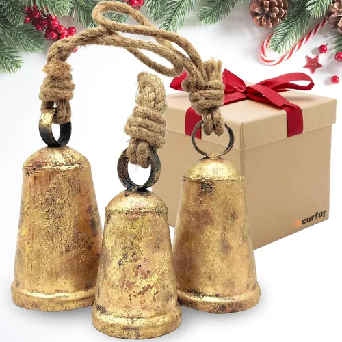 Juego de 3 campanas con forma de cono de estilo rústico, hechas a mano, vintage, metal, armonía, Navidad, colgantes, campanas decorativas de vaca en