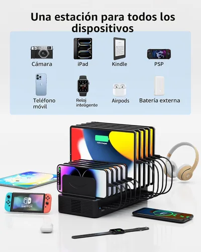 Miniatura 3 de Estación de carga de 100 W para múltiples dispositivos, estación de carga rápida USB de 10 puertos con divisores ajustables y 10 cables, base