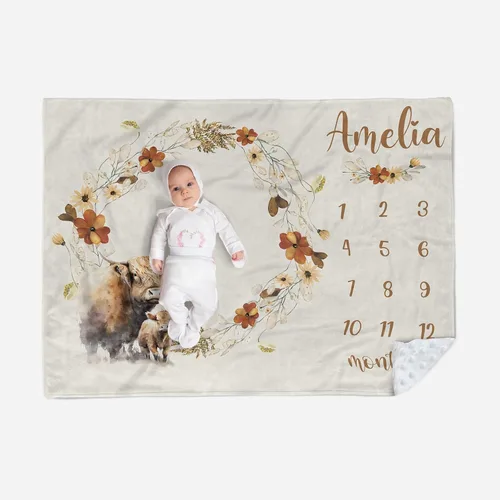Manta de hito mensual personalizada para bebé, nombre personalizado con fondo de fotografía de diseño de ganado de las tierras altas, manta de felpa