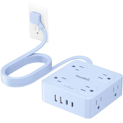 Miniatura 17 de SMALLRT - Cable de extensión con múltiples tomas, extensor de salida con protector de sobretensiones, enchufe plano de 6.5 pies con puertos USB, 8