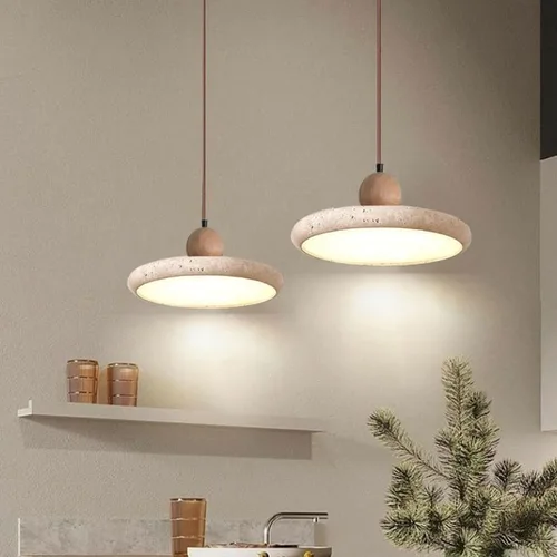 Miniatura 3 de Large Yellow Travertine Pendant Lights Nordic 3000K Warm Light Hanging Lamp 11.8IN Round Dining Room Chandelier with Wood Accents for Kitchen Island