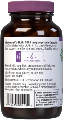 Miniatura 3 de Bluebonnet Nutrition Biotin 5000 mcg, soporte para el cabello y las uñas*, sin OMG, vegano, certificado Kosher, sin gluten, sin soja, sin lácteos