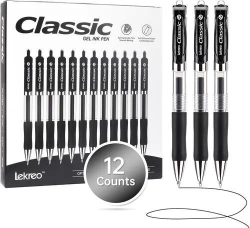 Bolígrafos retráctiles clásicos de gel Lekreo, punta fina de 0.7mm (tinta negra - 12 paquetes)