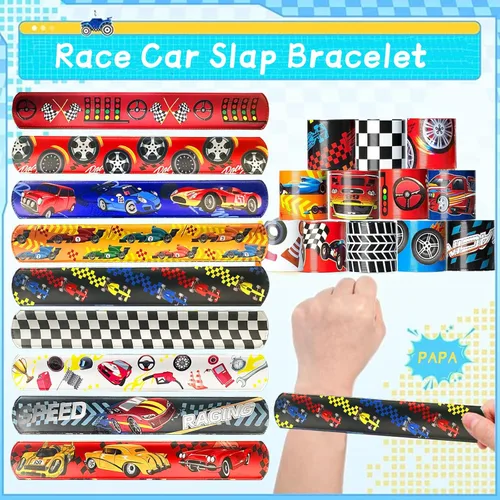 Miniatura 6 de CZWXOXO 24 Piezas Decoraciones de Fiesta de Coches de Carreras Favores Pulsera de Carreras Pulseras de Carreras Pulseras de Palmada a Cuadros