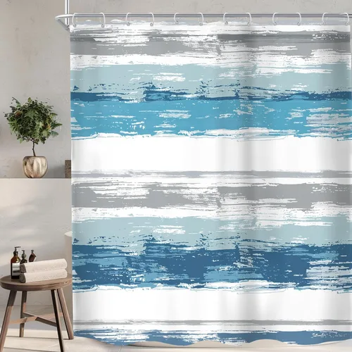 Miniatura 10 de KOMLLEX Cortina de ducha abstracta azul para decoración de baño, 72 pulgadas de ancho x 72 pulgadas de alto, moderna, a rayas blancas y grises