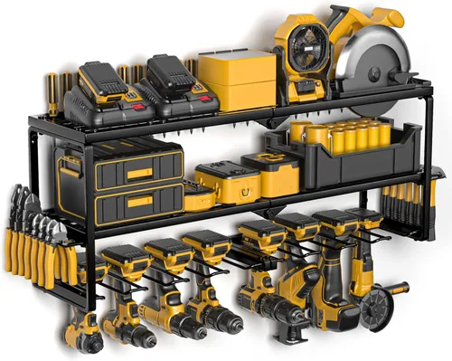 Miniatura 14 de Spampur Organizador de herramientas eléctricas, soporte de pared, estante de almacenamiento de 3 capas con 4 soportes para taladro, estante