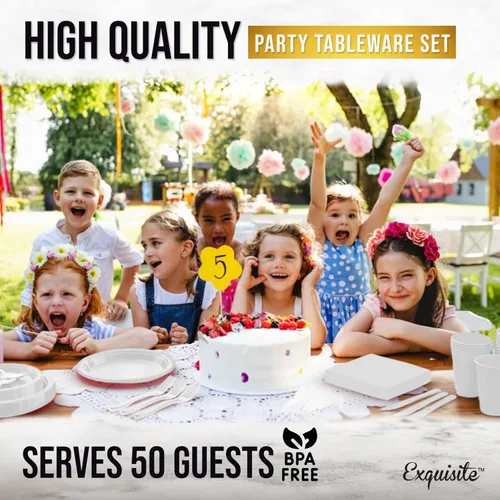 Miniatura 6 de Party Solids 350 Piezas Platos de Plástico Blanco Para Fiestas, Juego de Platos Desechables Blancos, 50 de Cada Juego de Platos para Cena de 9