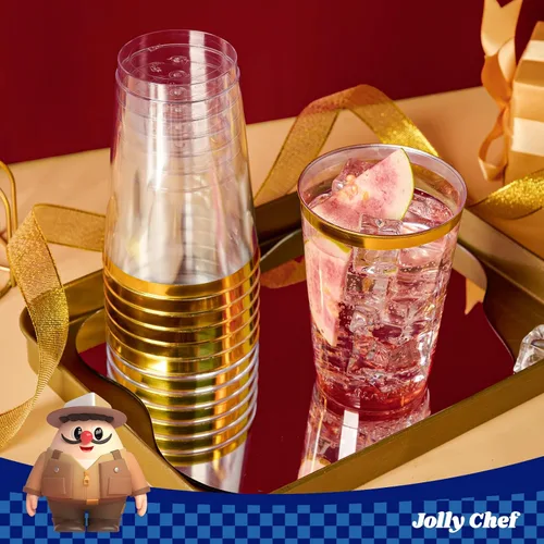 Miniatura 6 de JOLLY CHEF Paquete de 100 vasos de plástico desechables dorados, vasos de plástico transparente de 12 onzas, elegantes vasos desechables con borde
