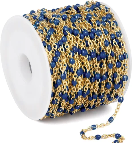 Miniatura 16 de Cadenas de esmalte dorado de 33 pies a granel, 2 mm, chapadas en oro de 18 quilates con PVD, acero inoxidable 304, cadena de eslabones con cuentas