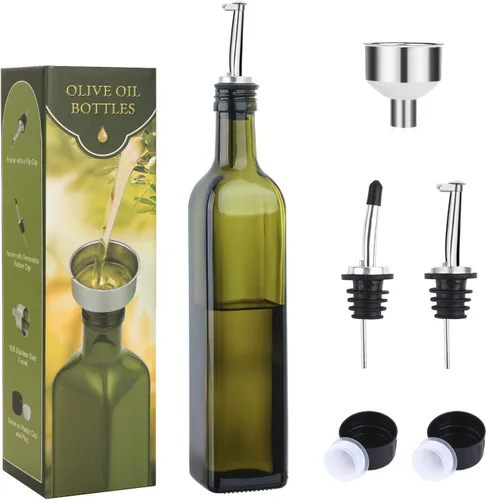AOZITA - Botella de vidrio para aceite de oliva, de 500 ml, ideal para aceite y vinagre, color verde, con vertedores y embudo, decantador, jarra