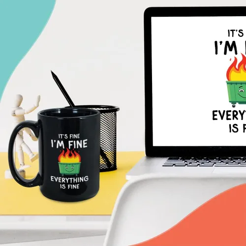 Miniatura 6 de Taza de café divertida de 15 onzas, color negro, con texto en inglés "It's Fine Everything Is Fine", contenedor de basura con humor de fuego, regalo