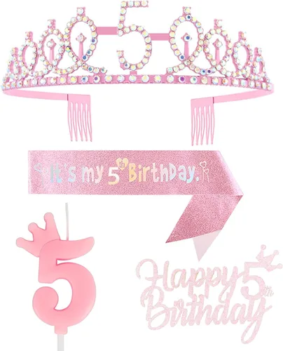 Miniatura 17 de Decoraciones de cumpleaños número 7 para niña, que incluyen corona/tiara de cumpleaños número 7, banda, adorno para pastel de cumpleaños y velas