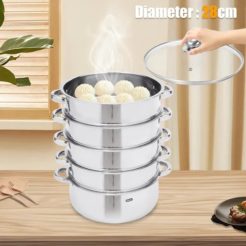 Miniatura 4 de Cocina de vapor de acero inoxidable de 5 capas, vaporizador de 11 pulgadas para cocinar alimentos, tapa de vidrio, adecuada para tamales, verduras