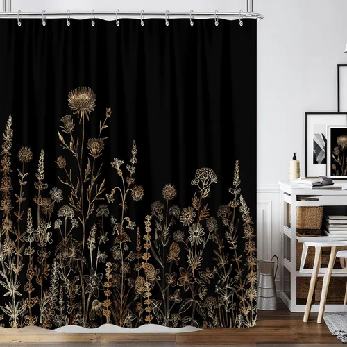 Miniatura 21 de Cortina de ducha de mariposa floral negra y dorada, cortina de ducha bohemia con diseño botánico de flores oscuras para baño con gancho, juego