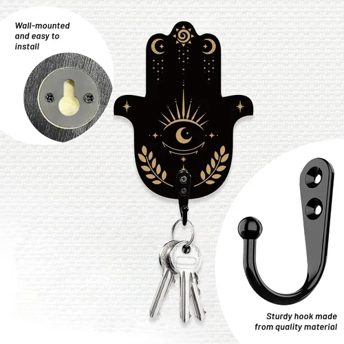Miniatura 2 de AHANDMAKER Juego de 2 soportes para llaves de mano Hamsa, ganchos de pared con texto de adivinación para decoración de llaves de pared, colgador
