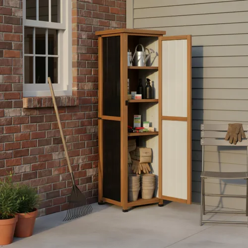 Miniatura 6 de Armario de almacenamiento esquinero para exteriores de 62 pulgadas de alto con puertas con cerradura, armario de almacenamiento pequeño
