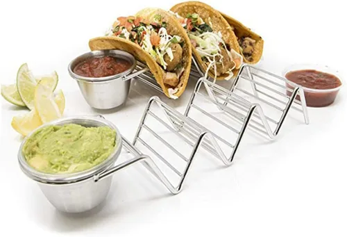 Miniatura 3 de TOPINCN Soporte para tacos de acero inoxidable, 3 rejillas en forma de V, bandeja para tacos con taza de salsa, bandeja de metal para servir maíz