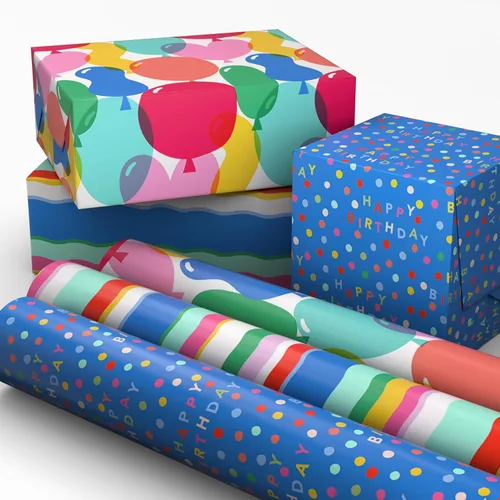 Hallmark Mini rollos de papel de regalo de cumpleaños, paquete de 3 (rayas de arco iris, globos coloridos, lunares sobre azul) para graduaciones,