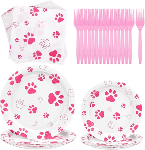 Miniatura 9 de durony 72 piezas de suministros de fiesta de cumpleaños con estampado de patas de perro, incluyen 32 platos, 24 servilletas y 16 tenedores, huellas