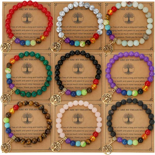 9 pulseras de cuentas semipreciosas del árbol de la vida, 7 chakras, reiki, piedras curativas, pulseras de yoga y meditación para mujeres, joyería
