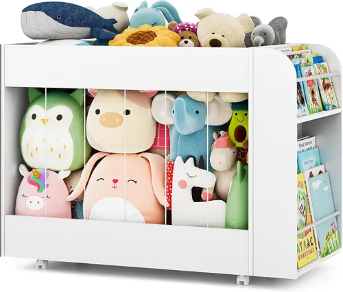 Caja de almacenamiento de juguetes 3 en 1 con estantería y pizarra, baúl grande de juguetes de peluche con ruedas, organizador de almacenamiento de