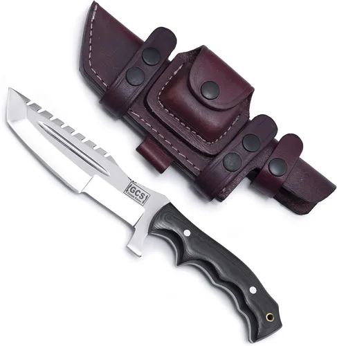 Miniatura 14 de GCS - Cuchillo de caza de acero D2 hecho a mano G10, mango fijo, cuchillo de hoja fija, mano derecha, funda de cuero de búfalo y piedra de afilar