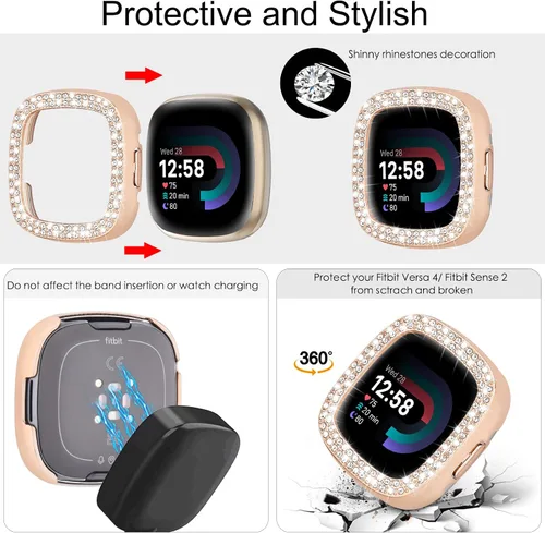 Miniatura 2 de MOFREE Compatible con Fitbit Versa 4 bandas/Fitbit Sense 2 bandas para mujeres con funda protectora de parachoques duro, joyería elegante pulsera
