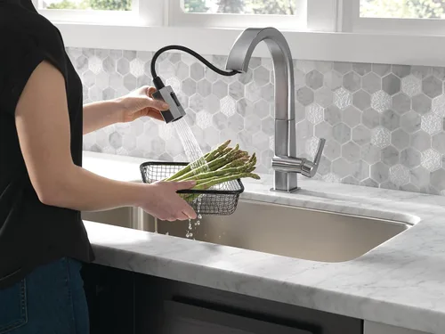 Miniatura 2 de Delta Grifo de cocina pivotal de níquel cepillado, grifos de cocina con rociador extraíble, grifo de fregadero de cocina, grifo para fregadero