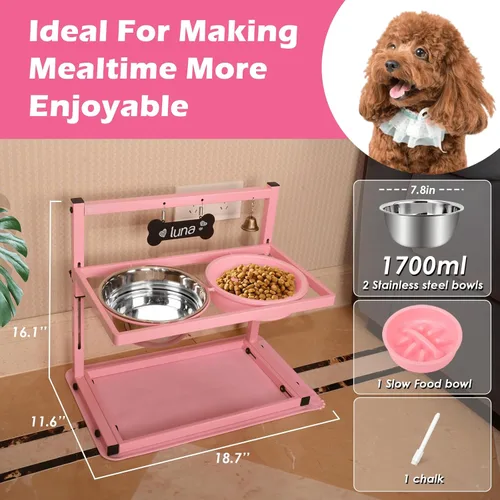 Miniatura 3 de SHAINFUN Soporte elevado para cuenco de perro rosa con dos cuencos de comida de acero inoxidable de 1700ml, comedero de alimentación lenta y Rosa