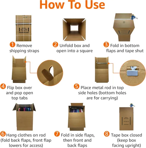Miniatura 3 de Amazon Basics Cajas de mudanza para ropa de armario con barra, 20 x 20 x 34 pulgadas, paquete de 3 Con barra de suspensión, para empacar ropa