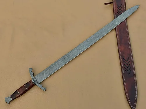 Miniatura 3 de Espada vikinga de acero de Damasco hecha a mano/espada medieval con funda de cuero.