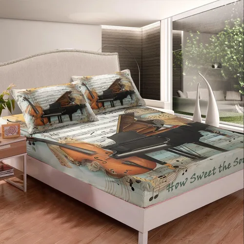Miniatura 2 de Juego de sábanas de violonchelo de piano tamaño individual, juego de ropa de cama de 3 piezas para niños y niñas, decoración de habitación