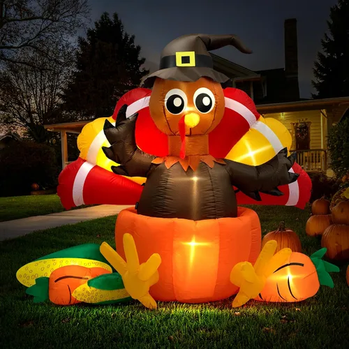 Miniatura 8 de VIVOHOME - Decoración de jardín inflable de 6 pies, figura de familia de pavos con iluminación LED para el día de Acción de Gracias