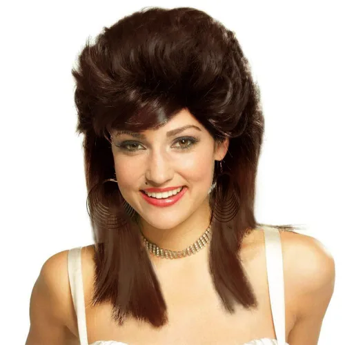 Miniatura 38 de Swiking Pelucas negras de salmonete para mujer, rizado hasta el hombro, pelo esponjoso de los años 70 y 80, Rocker Party Cosplay Pelucas sintéticas