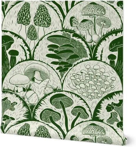 Muestras de papel tapiz para despegar y pegar, champiñones verdes, vieiras, bosque, hongos del bosque, botánico, Cottagecore Garden, papel tapiz